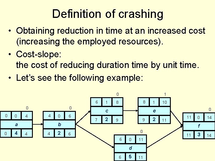 Definition of crashing • Obtaining reduction in time at an increased cost (increasing the