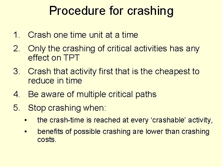 Procedure for crashing 1. Crash one time unit at a time 2. Only the