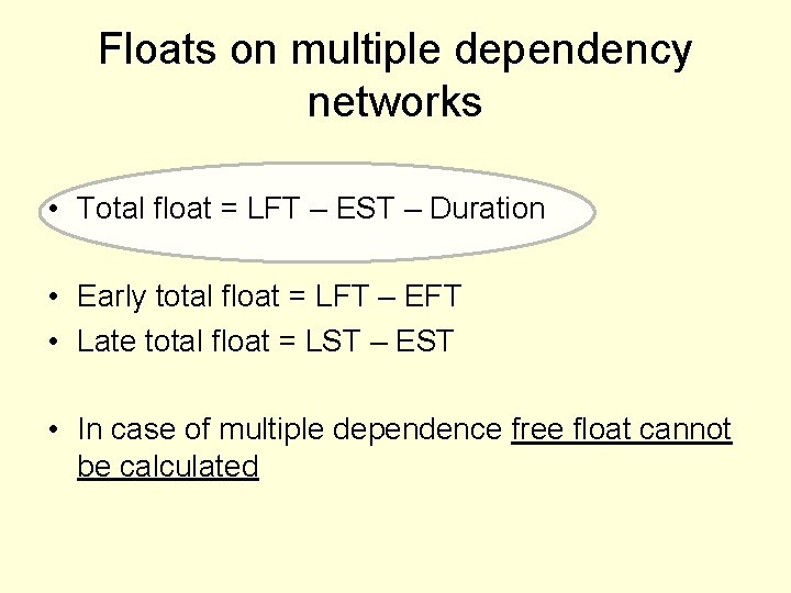 Floats on multiple dependency networks • Total float = LFT – EST – Duration