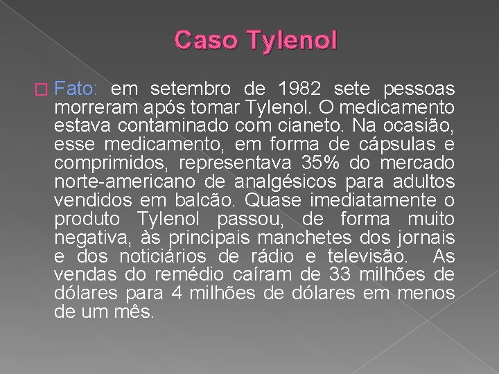 Caso Tylenol � Fato: em setembro de 1982 sete pessoas morreram após tomar Tylenol.
