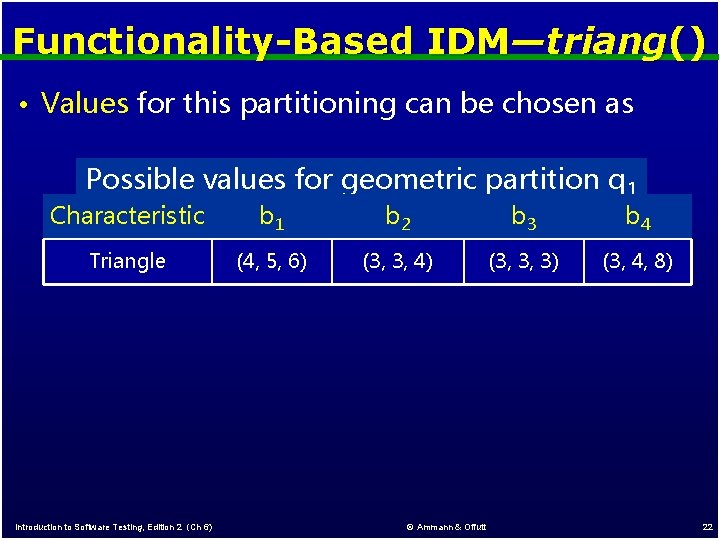 Functionality-Based IDM—triang() • Values for this partitioning can be chosen as Possible values for