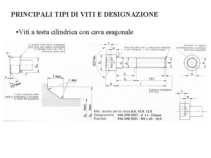 PRINCIPALI TIPI DI VITI E DESIGNAZIONE • Viti a testa cilindrica con cava esagonale