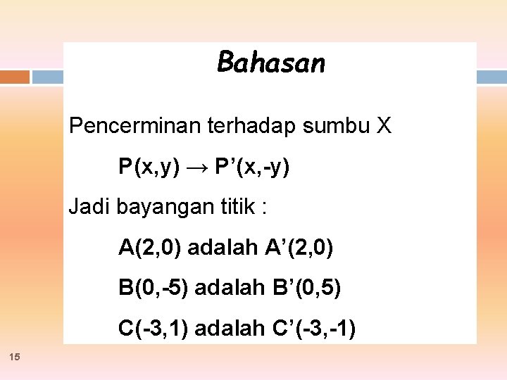 Bahasan Pencerminan terhadap sumbu X P(x, y) → P’(x, -y) Jadi bayangan titik :