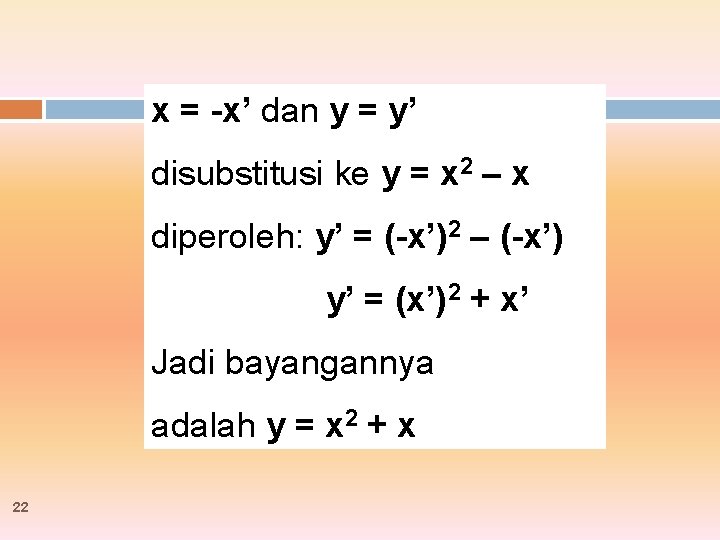 x = -x’ dan y = y’ disubstitusi ke y = x 2 –