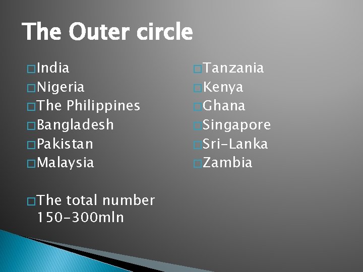 The Outer circle � India � Tanzania � The � Ghana � Nigeria Philippines