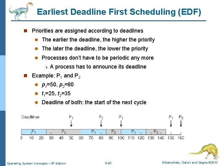 Earliest Deadline First Scheduling (EDF) n Priorities are assigned according to deadlines l The