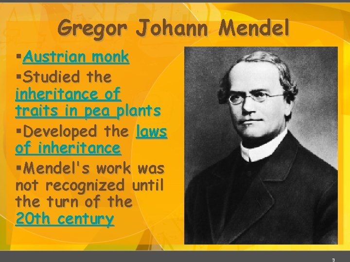 Gregor Johann Mendel §Austrian monk §Studied the inheritance of traits in pea plants §Developed