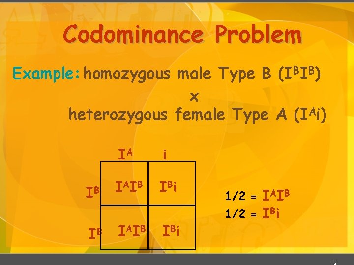 Codominance Problem Example: homozygous male Type B (IBIB) x heterozygous female Type A (IAi)