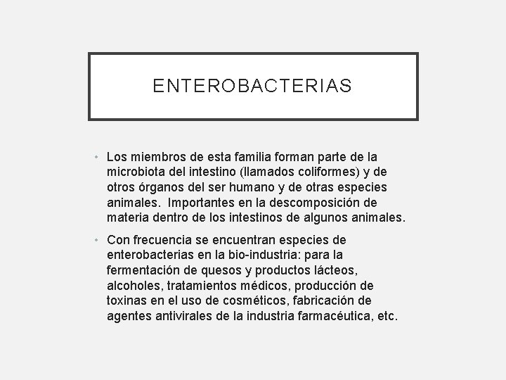ENTEROBACTERIAS • Los miembros de esta familia forman parte de la microbiota del intestino ENTEROBACTERIAS • Los miembros de esta familia forman parte de la microbiota del intestino