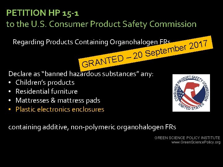 PETITION HP 15 -1 to the U. S. Consumer Product Safety Commission Regarding Products
