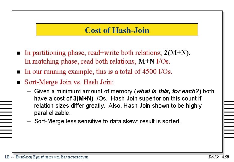 Cost of Hash-Join n In partitioning phase, read+write both relations; 2(M+N). In matching phase,