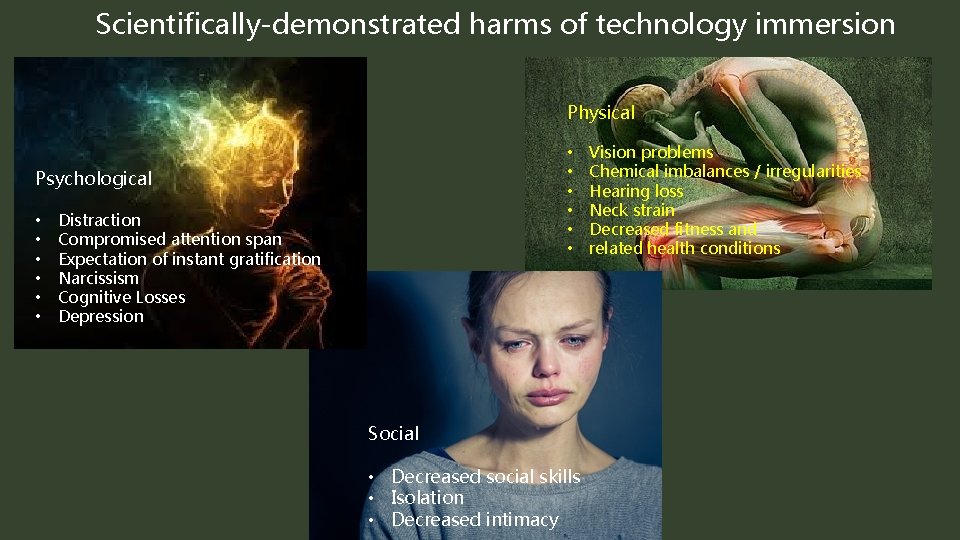 Scientifically-demonstrated harms of technology immersion Physical • • • Psychological • • • Distraction