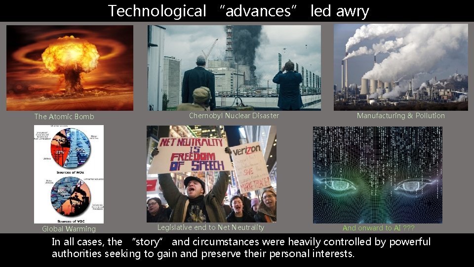 Technological “advances” led awry The Atomic Bomb Global Warming Chernobyl Nuclear Disaster Legislative end
