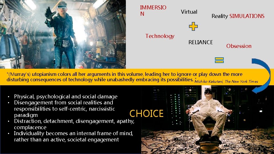 IMMERSIO N Technology Virtual Reality SIMULATIONS RELIANCE Obsession "(Murray's) utopianism colors all her arguments