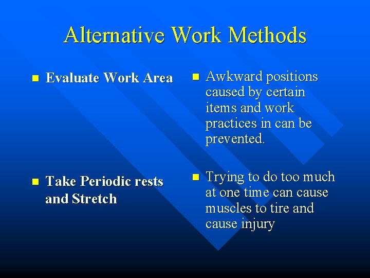 Alternative Work Methods n Evaluate Work Area n Awkward positions caused by certain items Alternative Work Methods n Evaluate Work Area n Awkward positions caused by certain items