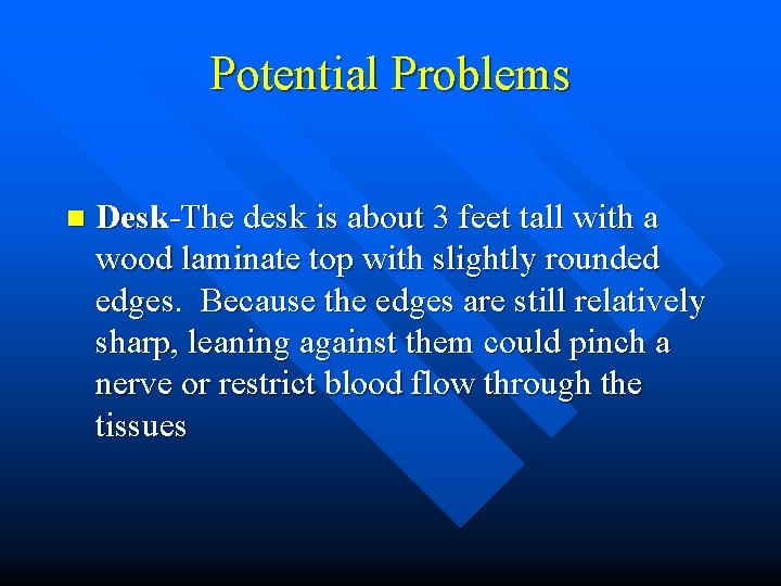 Potential Problems n Desk-The desk is about 3 feet tall with a wood laminate Potential Problems n Desk-The desk is about 3 feet tall with a wood laminate