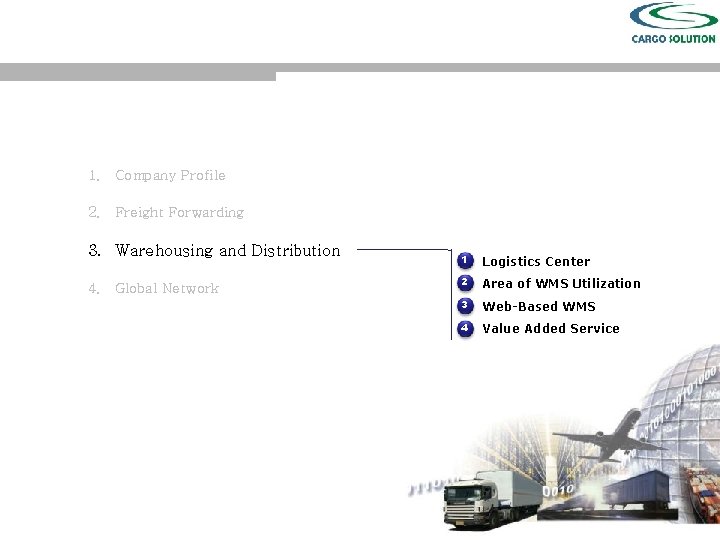 1. Company Profile 2. Freight Forwarding 3. Warehousing and Distribution 4. Global Network 1