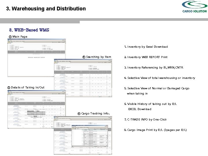 3. Warehousing and Distribution 3. WEB-Based WMS ① Main Page 1. Inventory by Excel