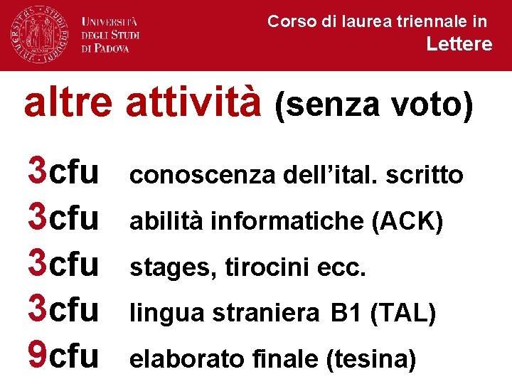 Corso di laurea triennale in Lettere altre attività (senza voto) 3 cfu 9 cfu