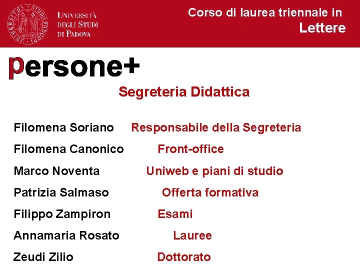 Corso di laurea triennale in Lettere p Segreteria Didattica Filomena Soriano Filomena Canonico Marco