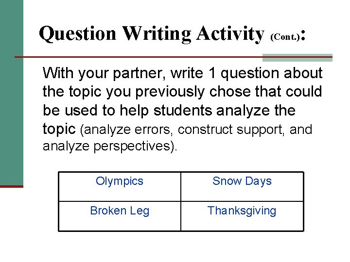 Question Writing Activity (Cont. ): With your partner, write 1 question about the topic