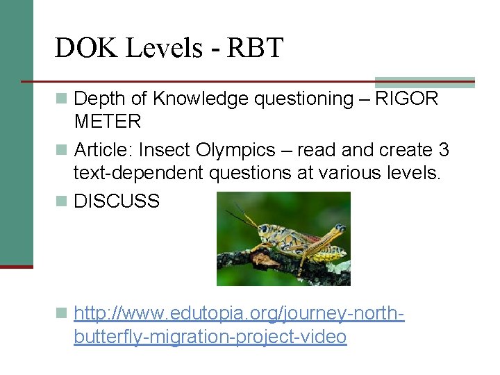 DOK Levels - RBT n Depth of Knowledge questioning – RIGOR METER n Article: