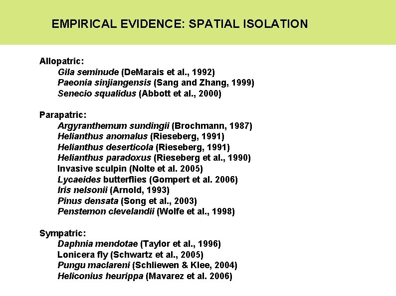 EMPIRICAL EVIDENCE: SPATIAL ISOLATION Allopatric: Gila seminude (De. Marais et al. , 1992) Paeonia