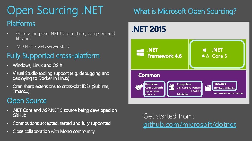  • General purpose. NET Core runtime, compilers and libraries • ASP. NET 5