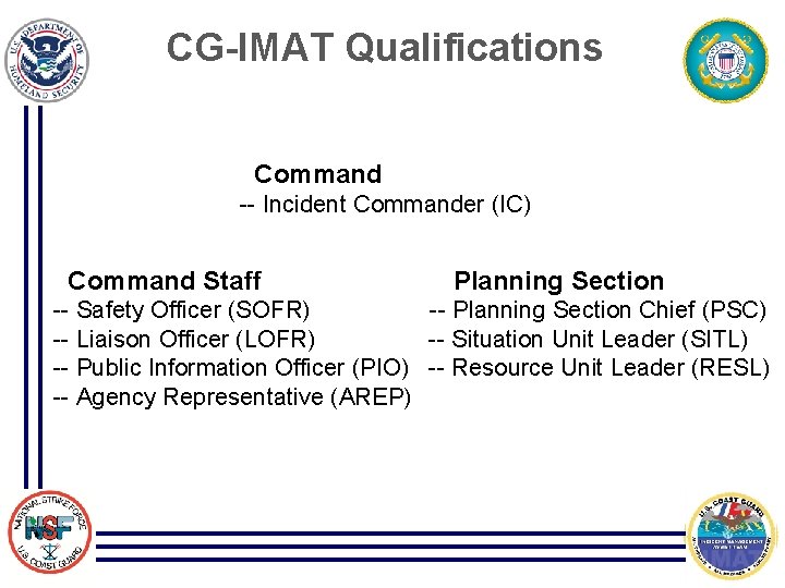 CG-IMAT Qualifications Command -- Incident Commander (IC) Command Staff Planning Section -- Safety Officer