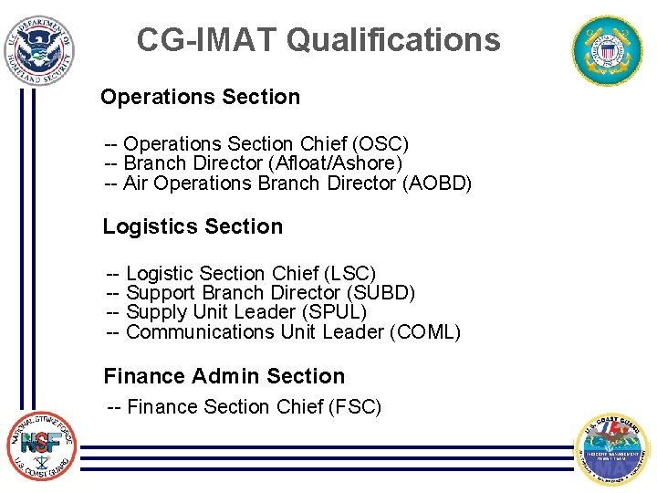 CG-IMAT Qualifications Operations Section -- Operations Section Chief (OSC) -- Branch Director (Afloat/Ashore) --