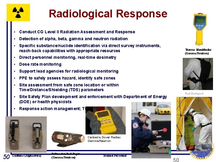 Radiological Response • Conduct CG Level II Radiation Assessment and Response • Detection of