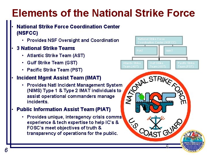 Elements of the National Strike Force • National Strike Force Coordination Center (NSFCC) •