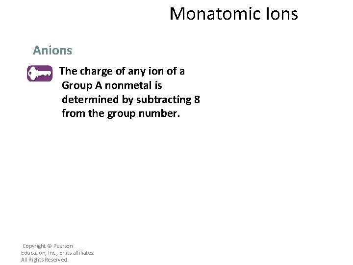 Monatomic Ions Anions The charge of any ion of a Group A nonmetal is
