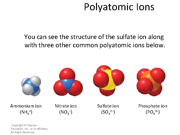 Polyatomic Ions You can see the structure of the sulfate ion along with three