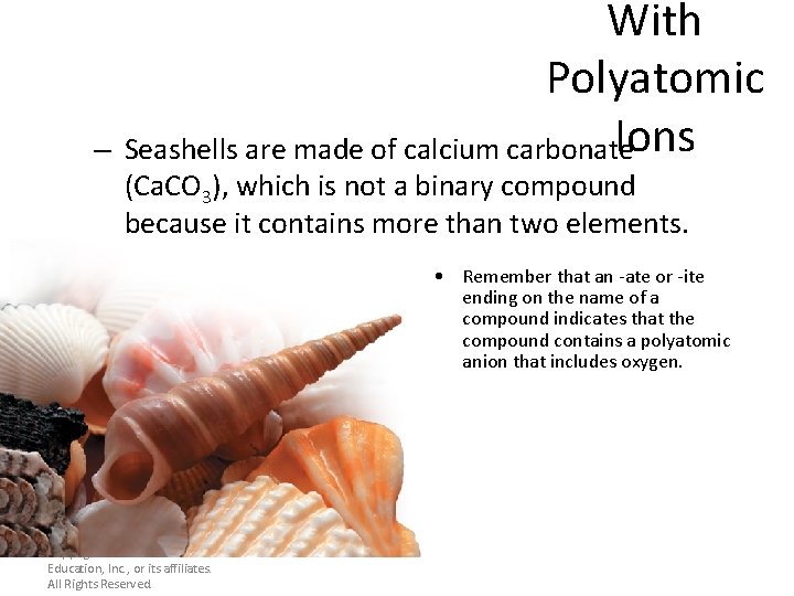 With Polyatomic Ions – Seashells are made of calcium carbonate (Ca. CO 3), which