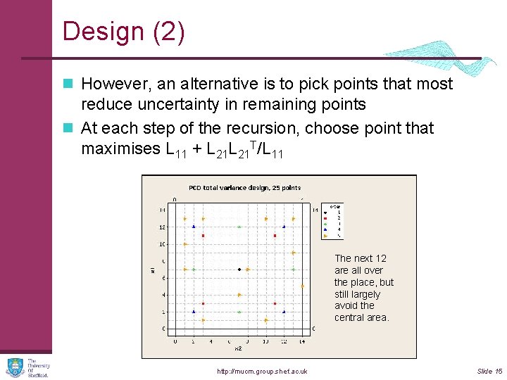 Design (2) n However, an alternative is to pick points that most reduce uncertainty
