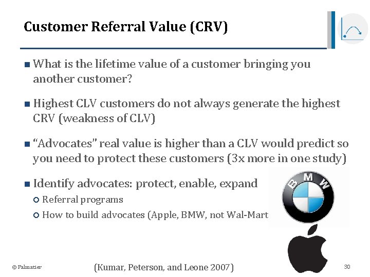 Customer Referral Value (CRV) n What is the lifetime value of a customer bringing