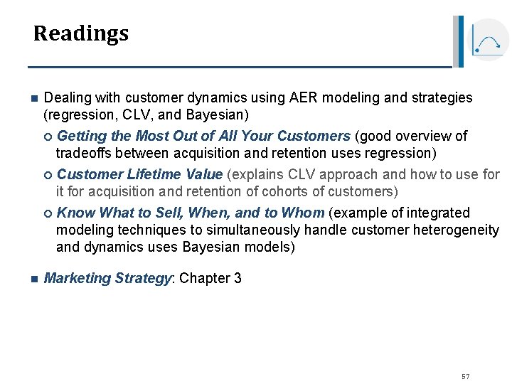 Readings n Dealing with customer dynamics using AER modeling and strategies (regression, CLV, and