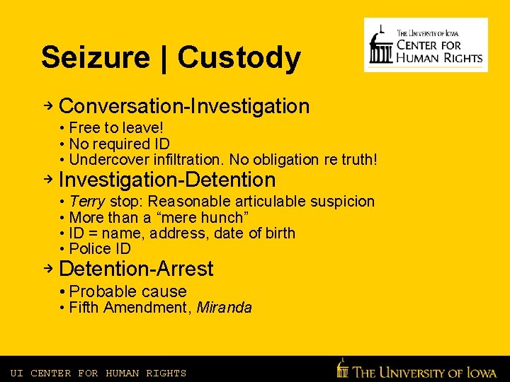 Seizure | Custody Conversation-Investigation • Free to leave! • No required ID • Undercover