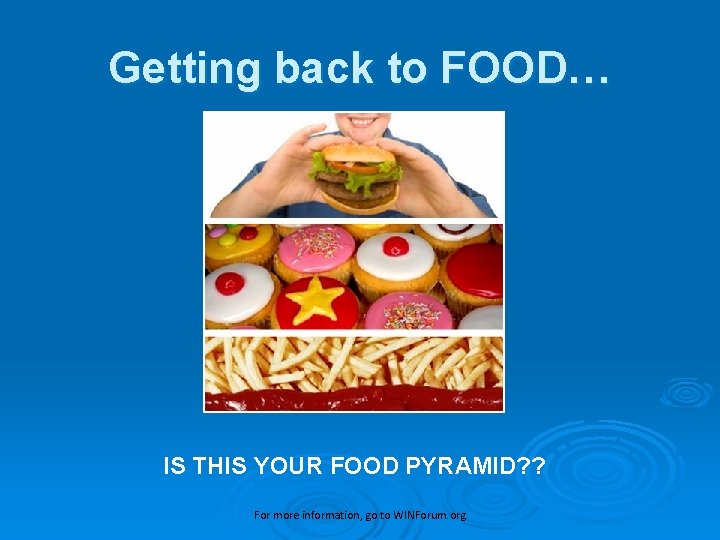 Getting back to FOOD… IS THIS YOUR FOOD PYRAMID? ? For more information, go