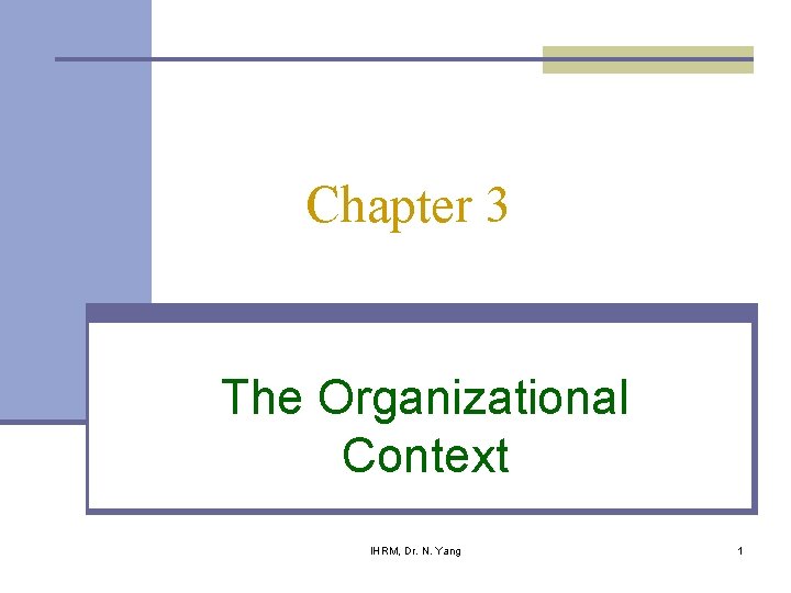 Chapter 3 The Organizational Context IHRM, Dr. N. Yang 1 