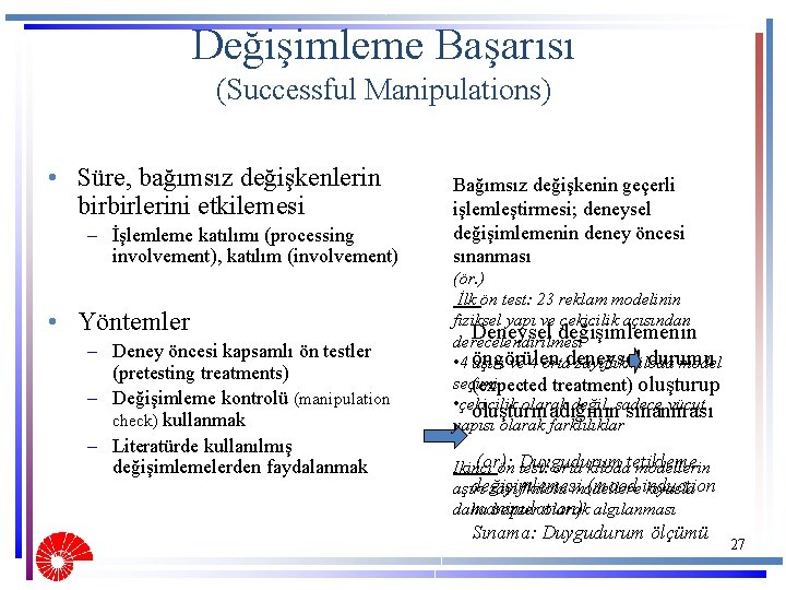 Değişimleme Başarısı (Successful Manipulations) • Süre, bağımsız değişkenlerin birbirlerini etkilemesi – İşlemleme katılımı (processing