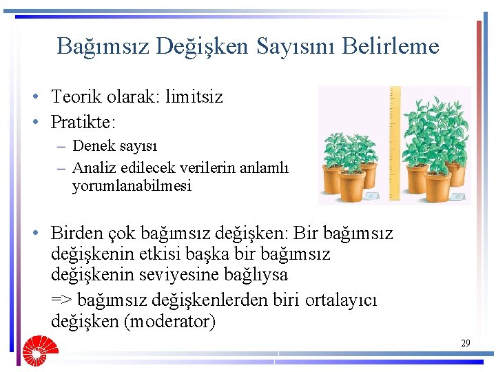 Bağımsız Değişken Sayısını Belirleme • Teorik olarak: limitsiz • Pratikte: – Denek sayısı –