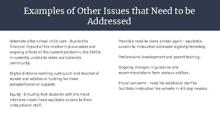 Examples of Other Issues that Need to be Addressed Alternate after school child care