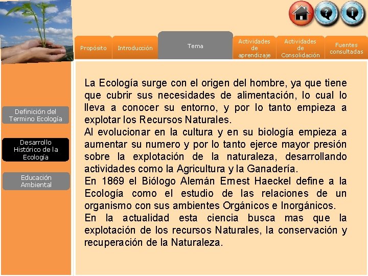 Propósito Definición del Termino Ecología Desarrollo Histórico de la Ecología Educación Ambiental Introducción Tema