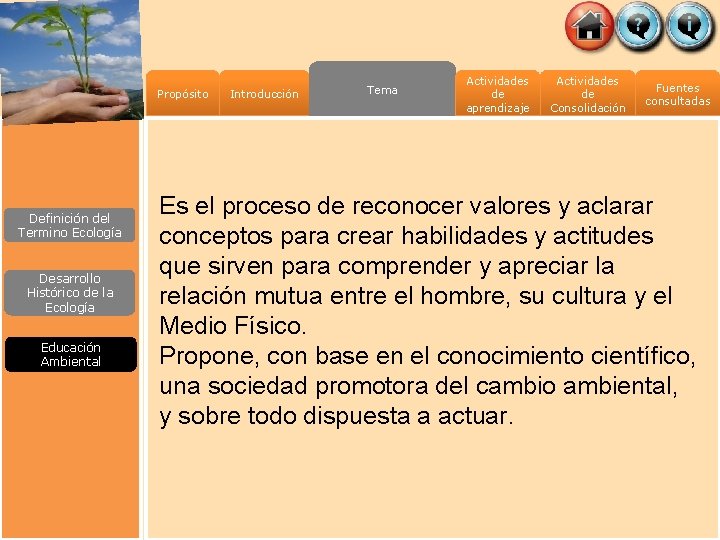 Propósito Definición del Termino Ecología Desarrollo Histórico de la Ecología Educación Ambiental Introducción Tema