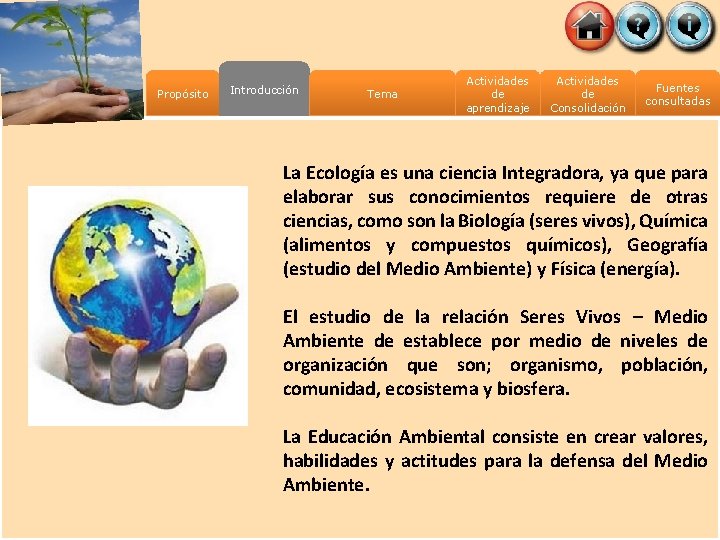 Propósito Introducción Tema Actividades de aprendizaje Actividades de Consolidación Fuentes consultadas La Ecología es