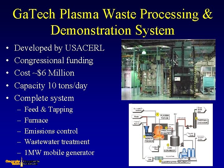 Ga. Tech Plasma Waste Processing & Demonstration System • • • Developed by USACERL