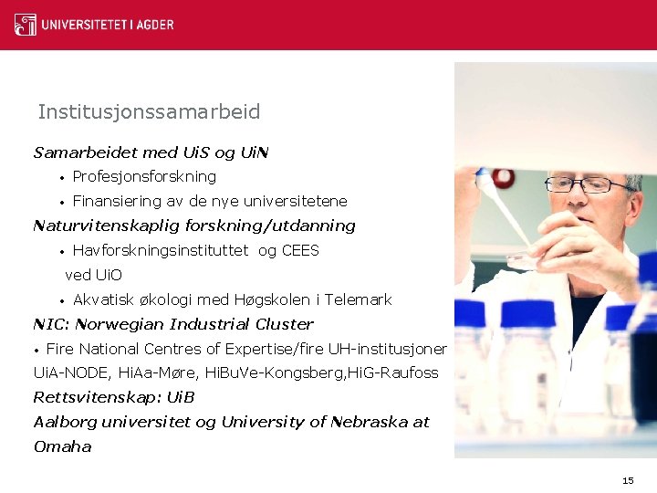 Institusjonssamarbeid Samarbeidet med Ui. S og Ui. N • Profesjonsforskning • Finansiering av de