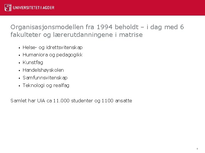 Organisasjonsmodellen fra 1994 beholdt – i dag med 6 fakulteter og lærerutdanningene i matrise